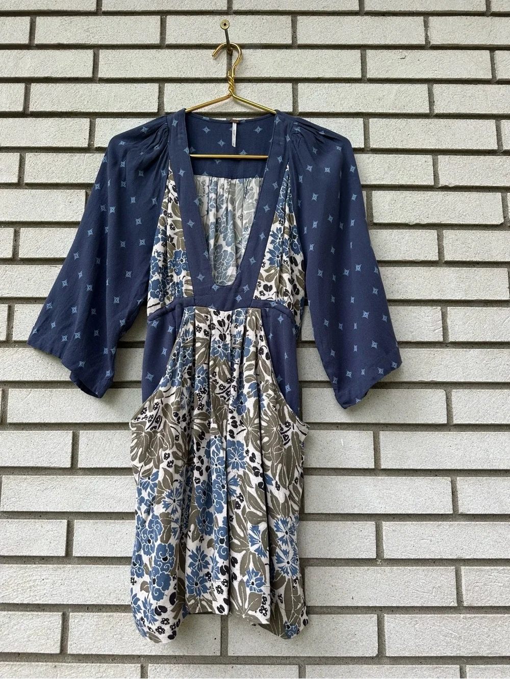 Free People Tululla Floral Patchwork Deep V Boho Mini Tunic Dress XS
